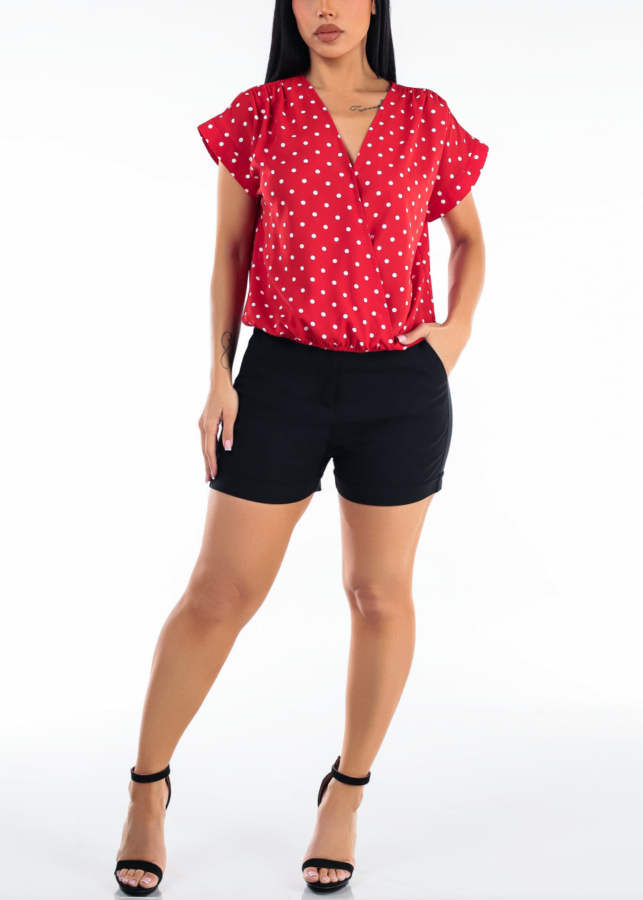 Surplice Short Sleeve Polka Dot Blouse Red
