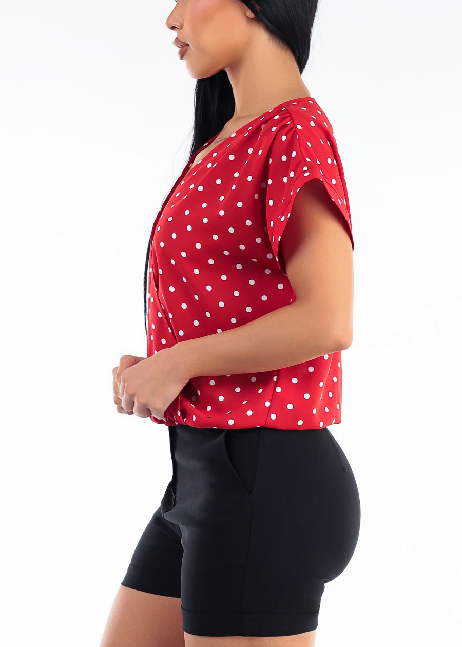 Surplice Short Sleeve Polka Dot Blouse Red