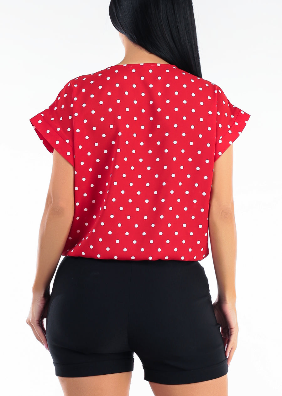 Surplice Short Sleeve Polka Dot Blouse Red