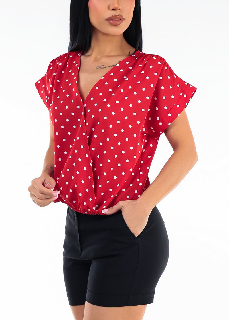 Surplice Short Sleeve Polka Dot Blouse Red