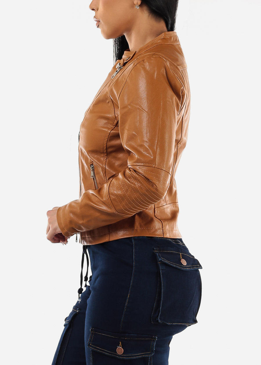 Zip Up Vegan Leather Khaki Blazer