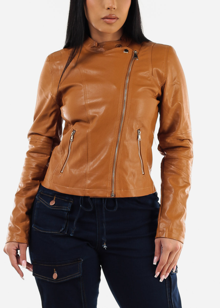 Zip Up Vegan Leather Khaki Blazer