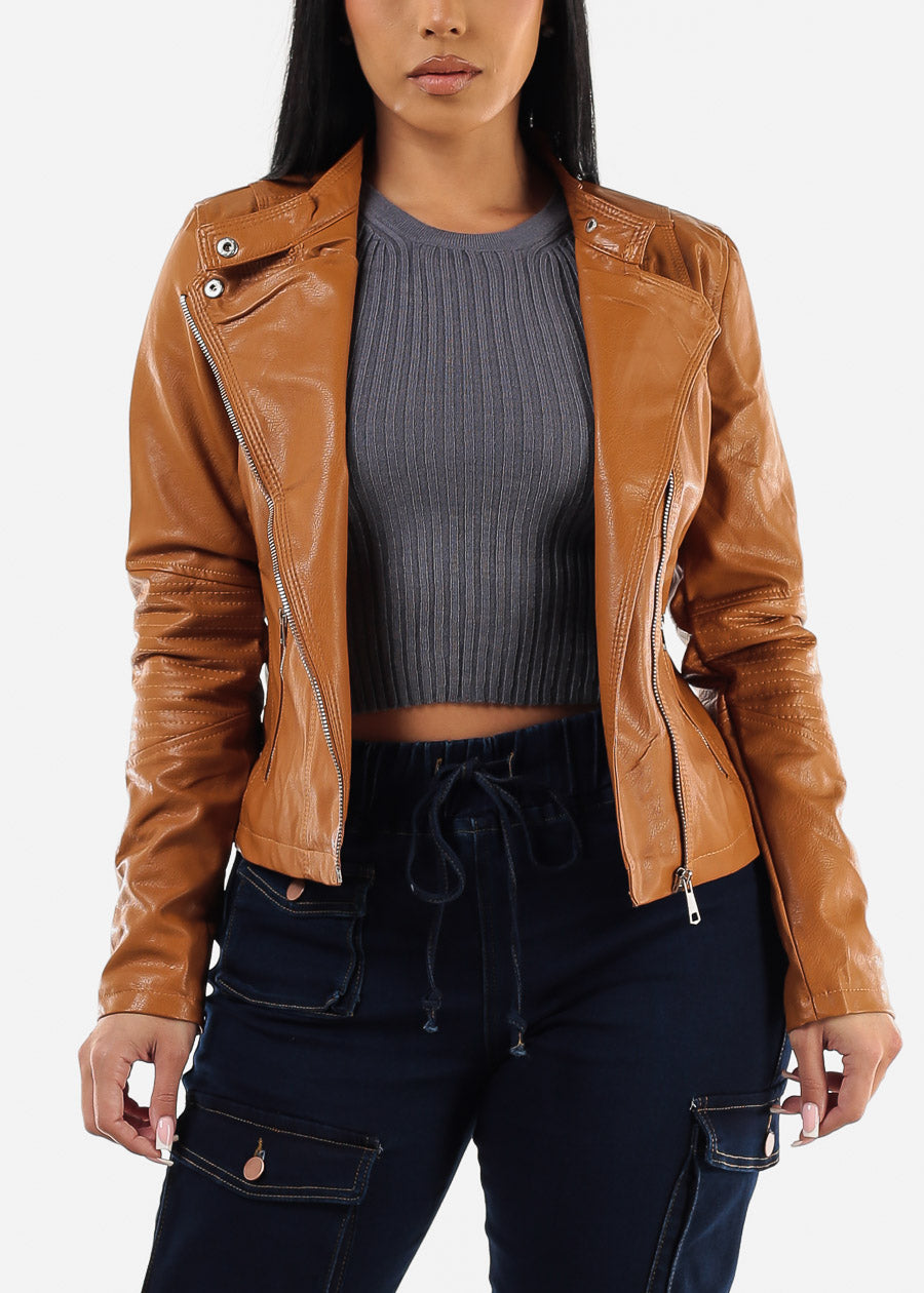 Zip Up Vegan Leather Khaki Blazer