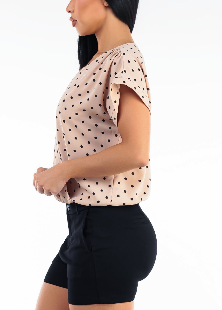 Surplice Short Sleeve Polka Dot Blouse Taupe