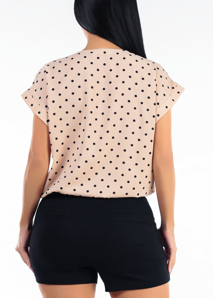 Surplice Short Sleeve Polka Dot Blouse Taupe
