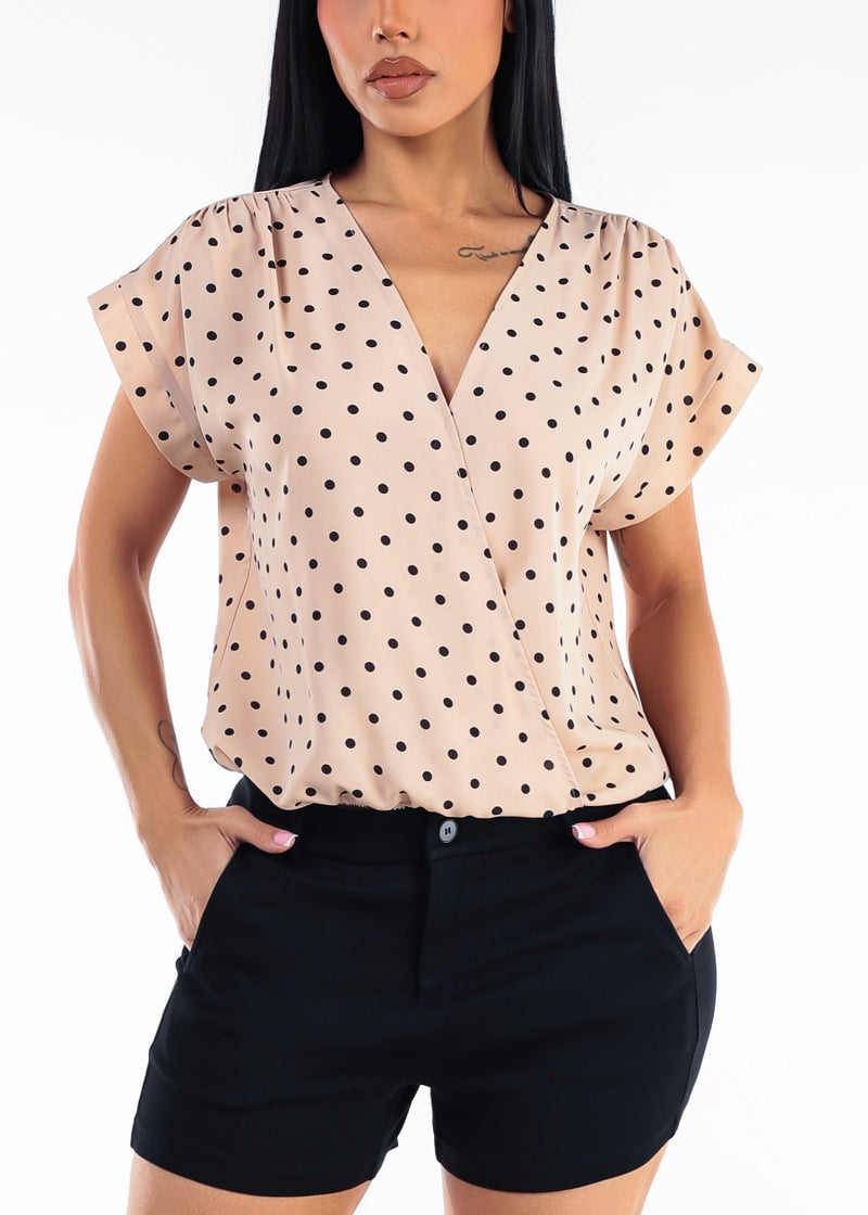Surplice Short Sleeve Polka Dot Blouse Taupe
