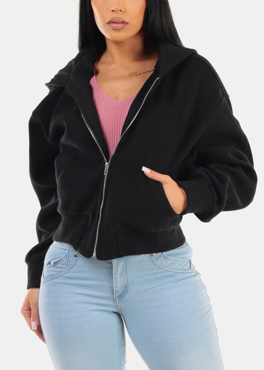 Long Sleeve Zip Up Black Hoodie