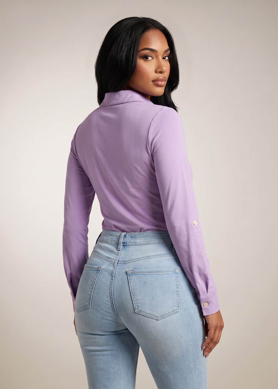 Stretch Long Sleeve Ruched Button Up Collared Blouse Lavender, view 2 of 2