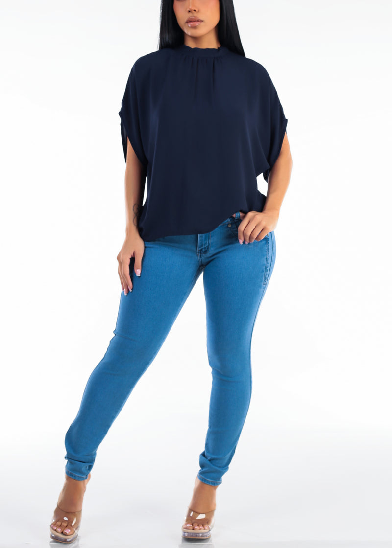 Cap Sleeve Loose Fit Blouse Navy w Back Tie