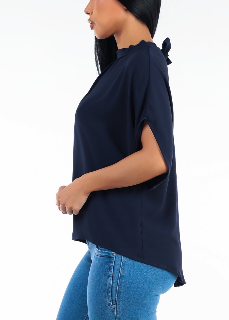 Cap Sleeve Loose Fit Blouse Navy w Back Tie