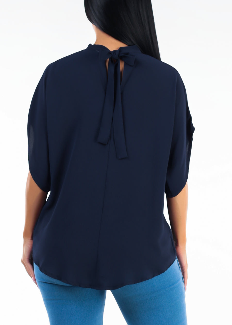 Cap Sleeve Loose Fit Blouse Navy w Back Tie
