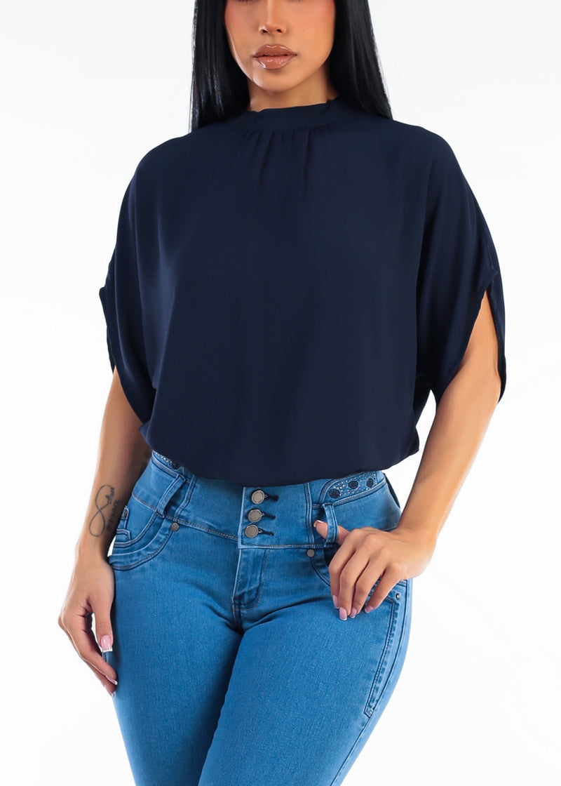 Cap Sleeve Loose Fit Blouse Navy w Back Tie