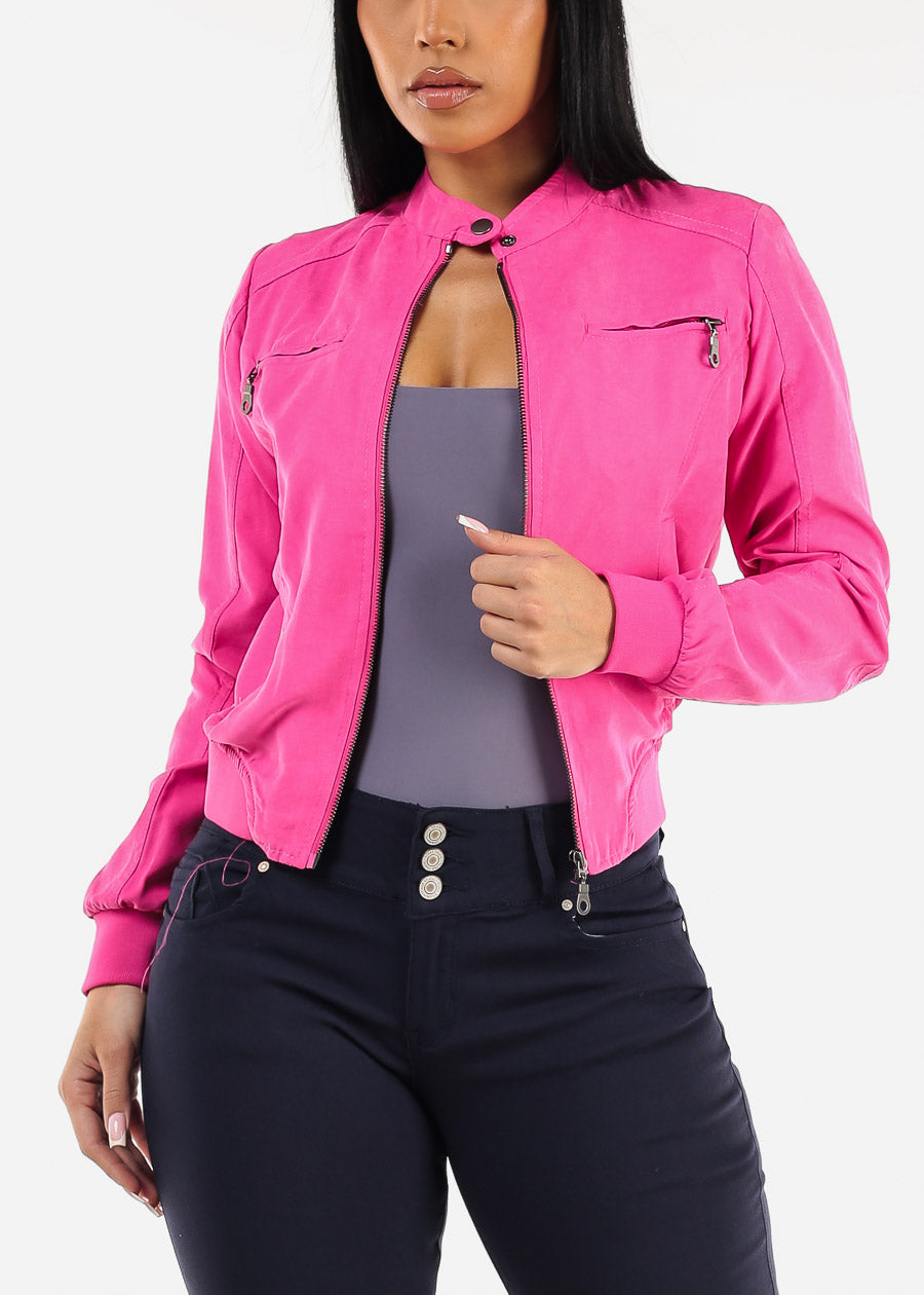 Long Sleeve Zip Up Jacket Magenta w Ribbed Hem