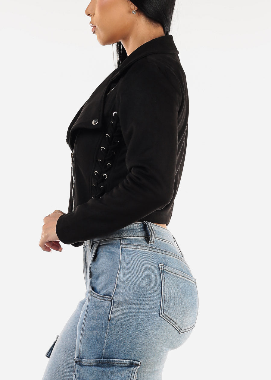 Zip Up Black Suede Moto Jacket w Lace Up Sides