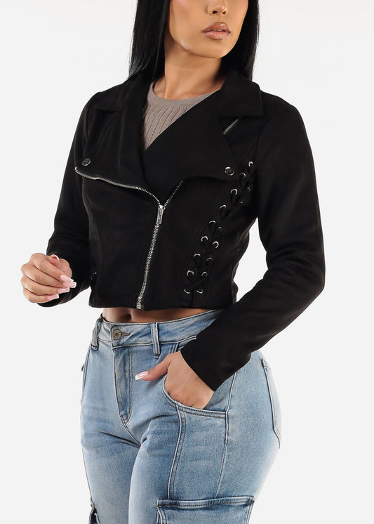 Zip Up Black Suede Moto Jacket w Lace Up Sides