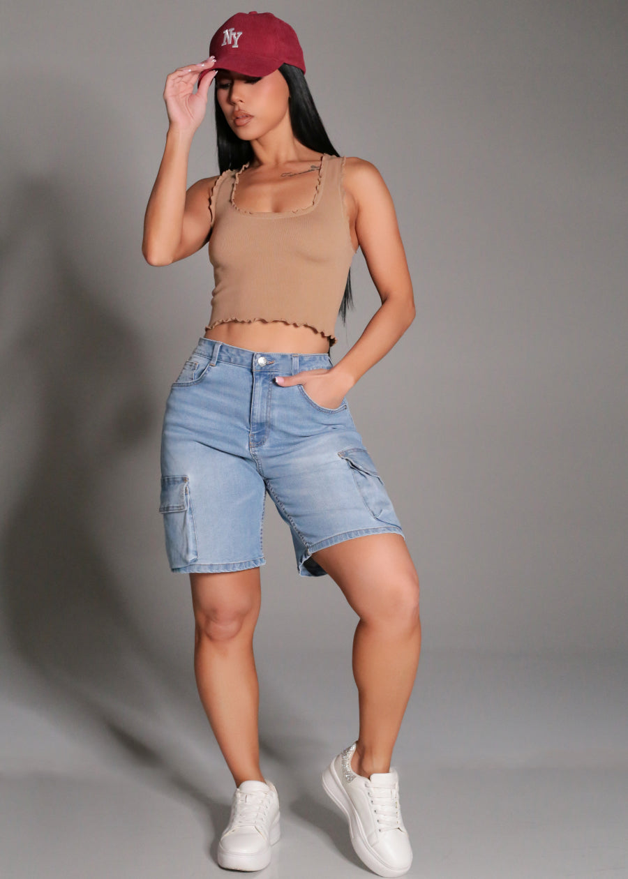 Stretch Seamless Scoop Neck Crop Top Light Brown