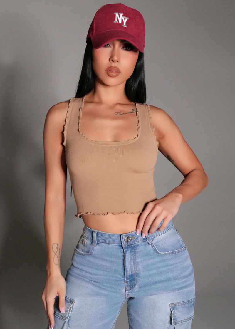 Stretch Seamless Scoop Neck Crop Top Light Brown