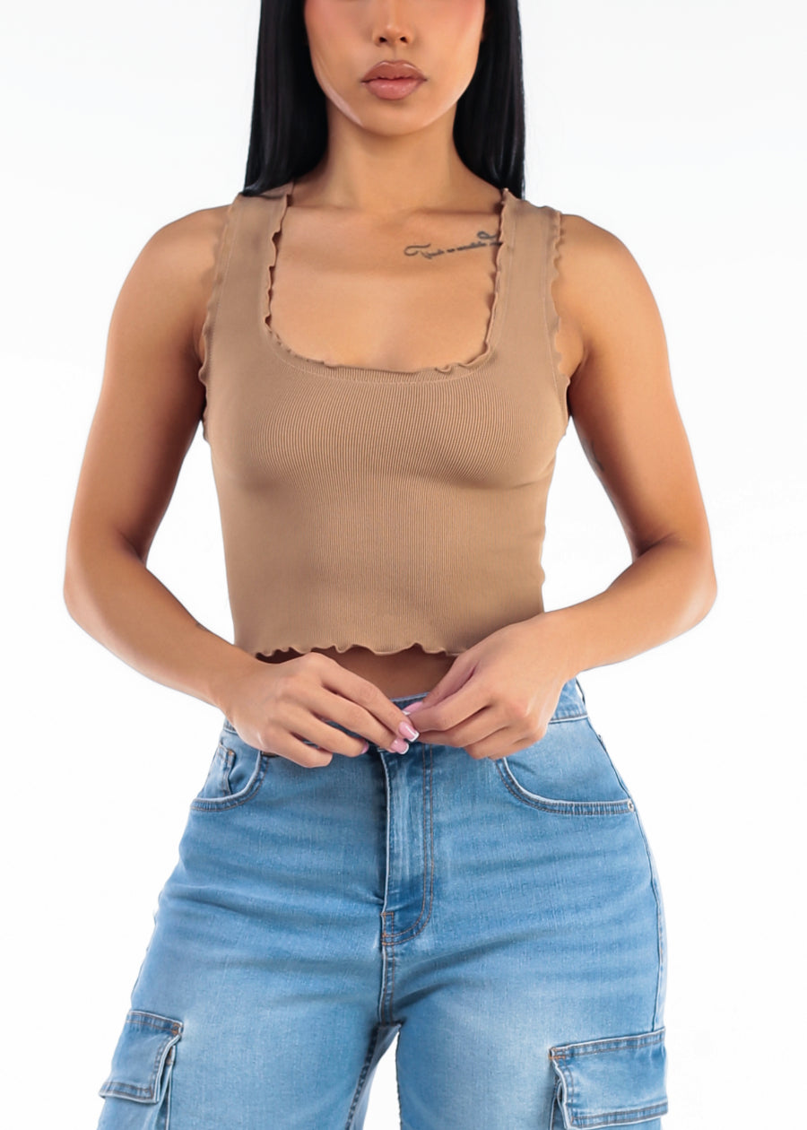 Stretch Seamless Scoop Neck Crop Top Light Brown