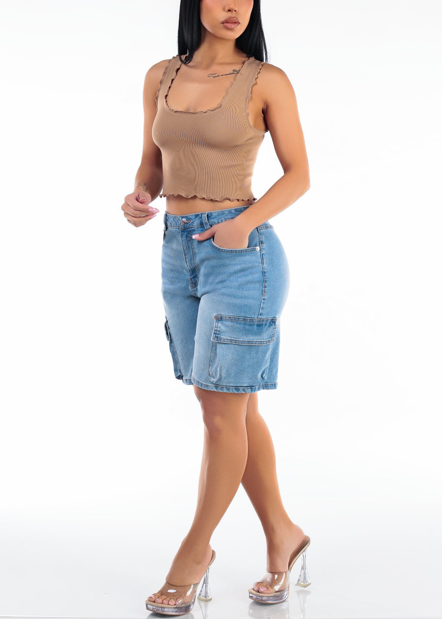 Stretch Seamless Scoop Neck Crop Top Light Brown