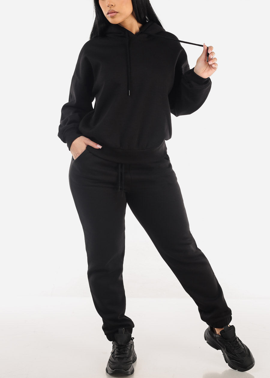 Black Long Sleeve Relaxed Fit Fleece Pullover Hoodie