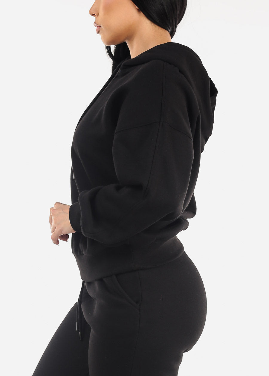 Black Long Sleeve Relaxed Fit Fleece Pullover Hoodie