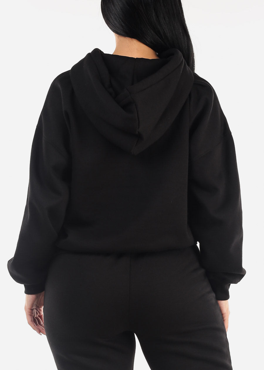 Black Long Sleeve Relaxed Fit Fleece Pullover Hoodie