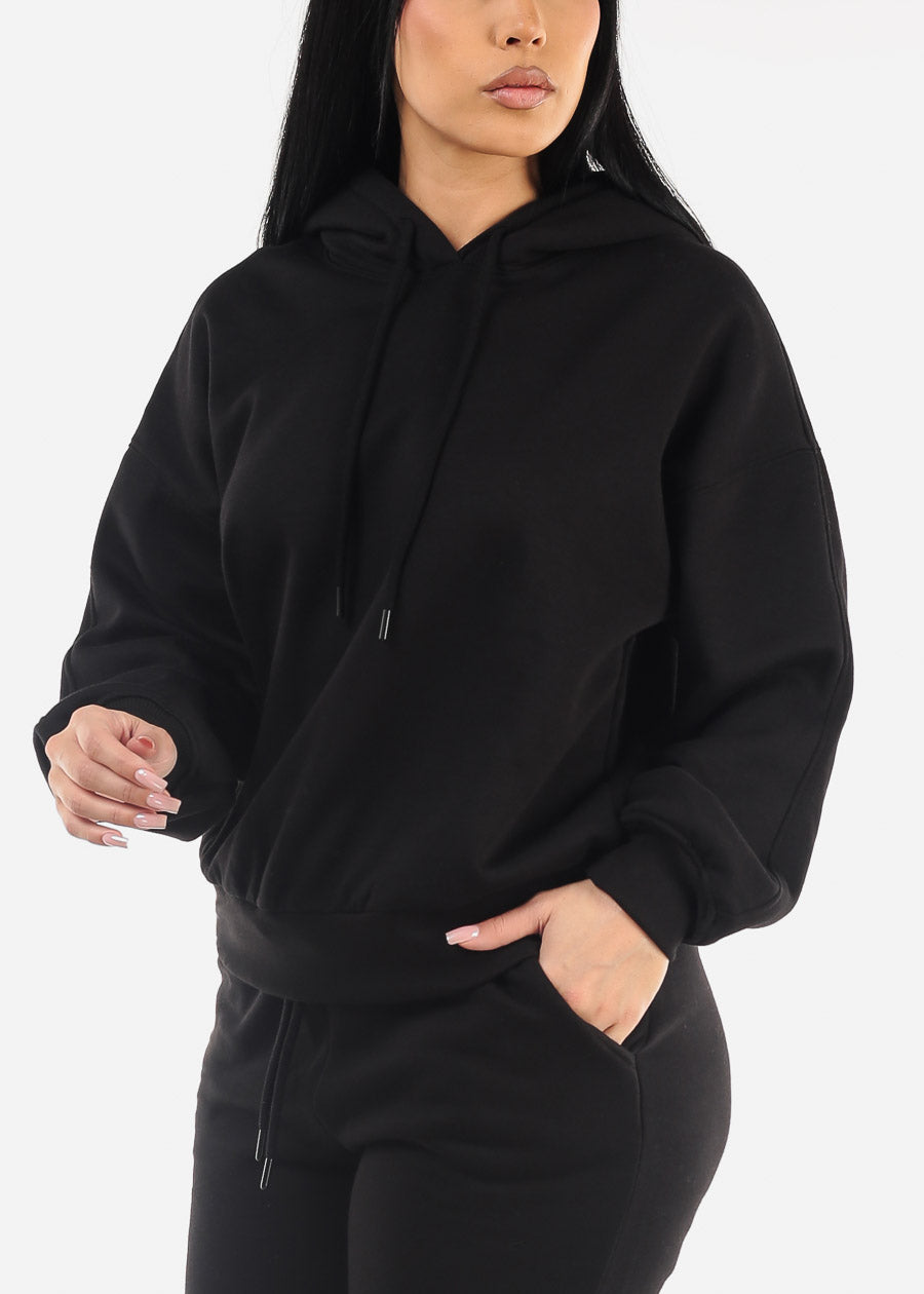 Black Long Sleeve Relaxed Fit Fleece Pullover Hoodie