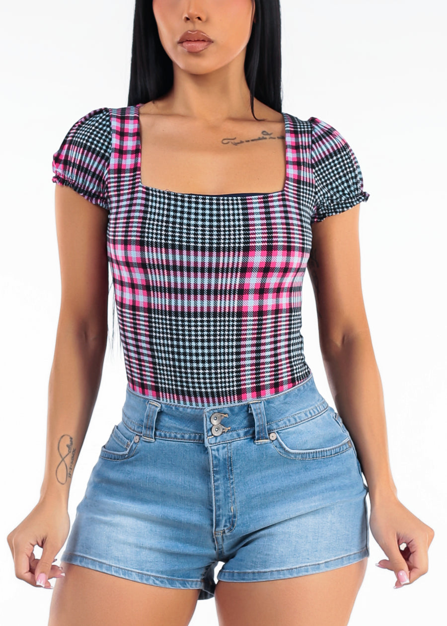 Plaid Square Neck Short Sleeve Stretch Bodysuit Fuchsia