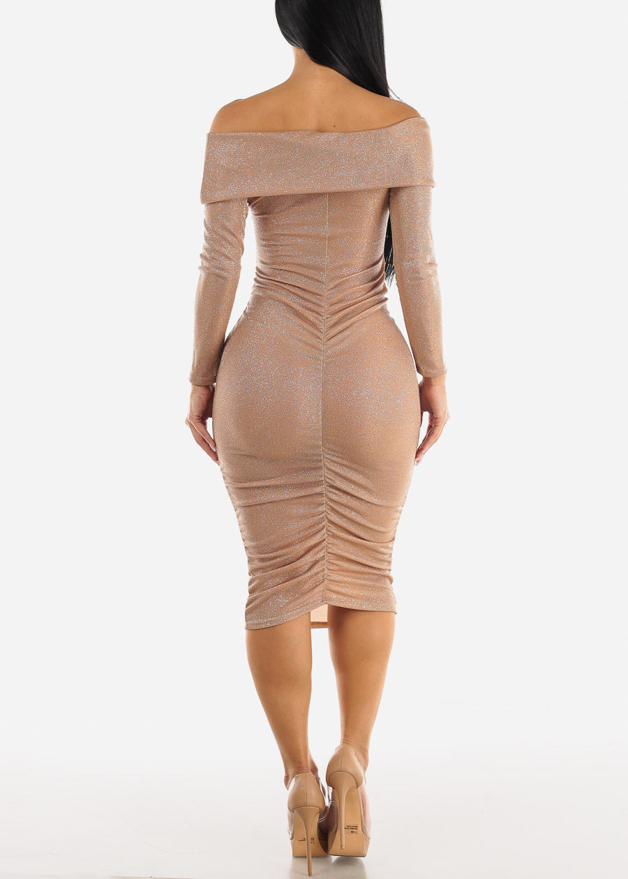 Sexy Off Shoulder Long Sleeve Nude Ruched Midi Dress