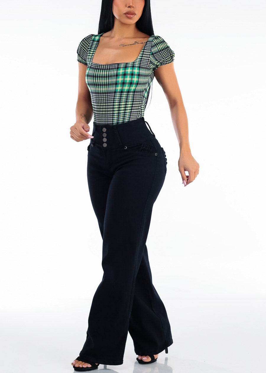 Plaid Square Neck Short Sleeve Stretch Bodysuit Green