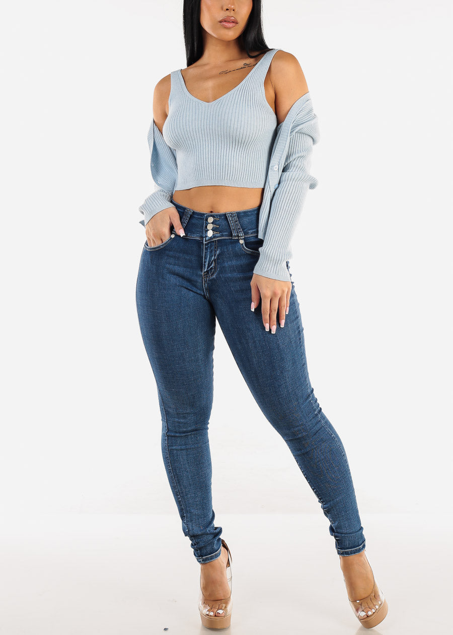 Sleeveless Crop Top & Cardigan Sweater Blue (2 PCE SET)