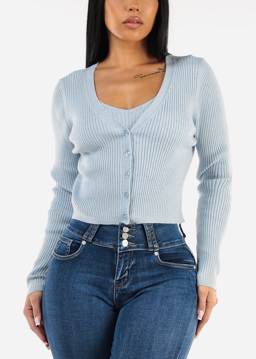 Sleeveless Crop Top & Cardigan Sweater Blue (2 PCE SET)