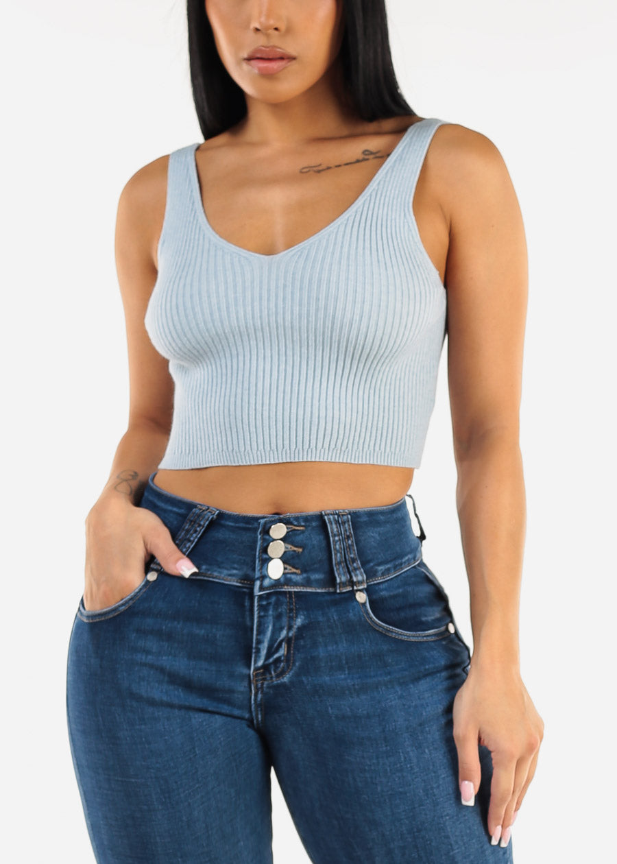 Sleeveless Crop Top & Cardigan Sweater Blue (2 PCE SET)