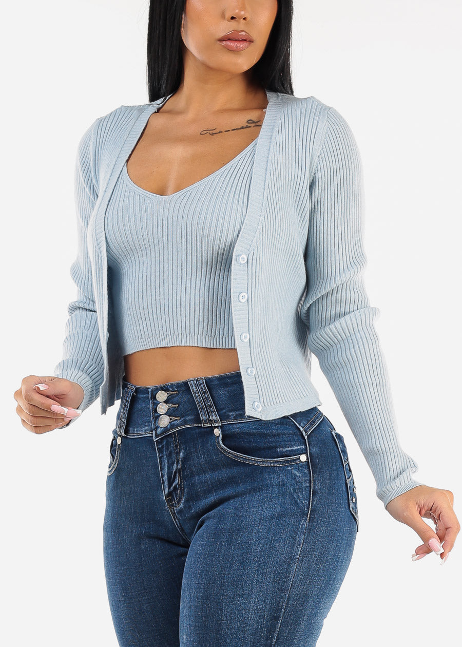 Sleeveless Crop Top & Cardigan Sweater Blue (2 PCE SET)