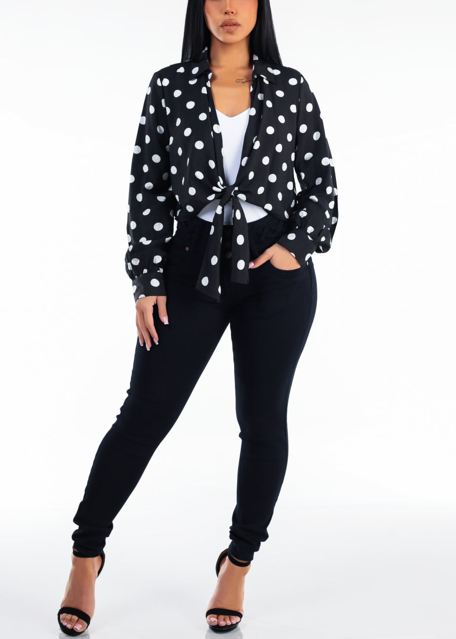 Long Sleeve Polka Dot Tie Front Blouse Black