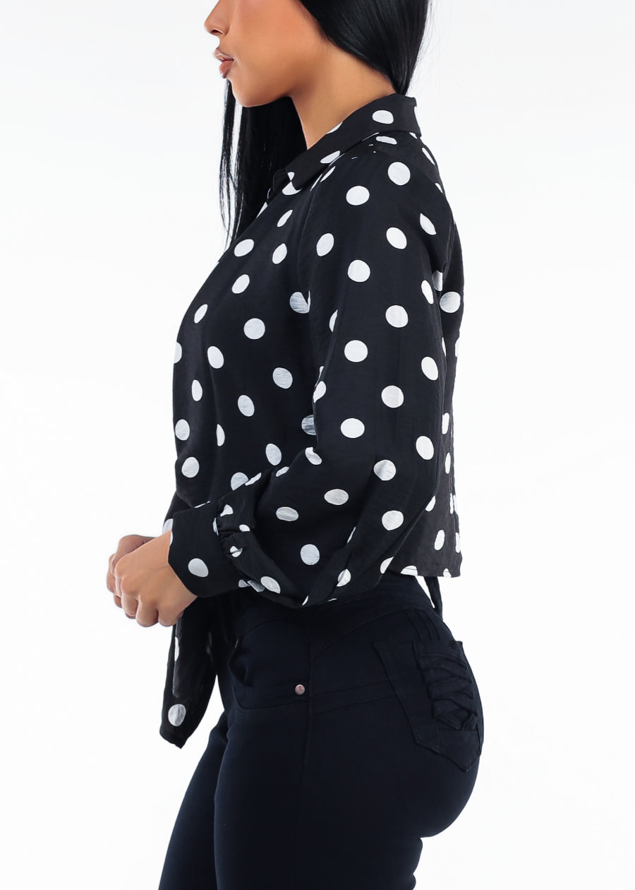 Long Sleeve Polka Dot Tie Front Blouse Black