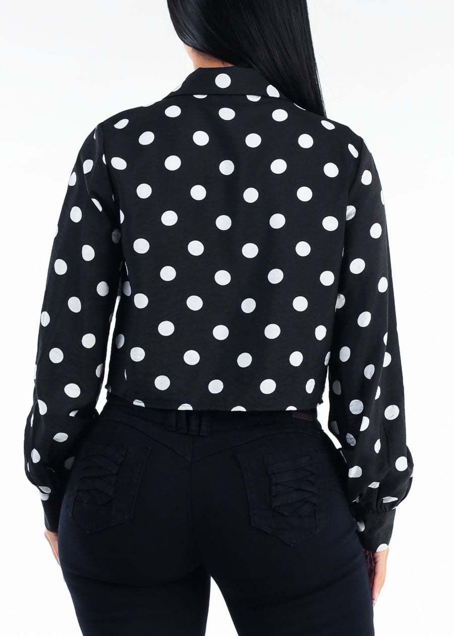 Long Sleeve Polka Dot Tie Front Blouse Black