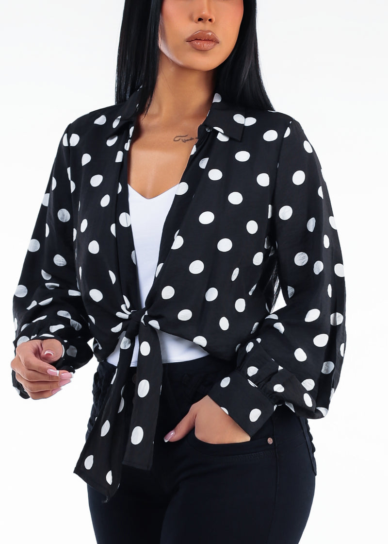 Long Sleeve Polka Dot Tie Front Blouse Black