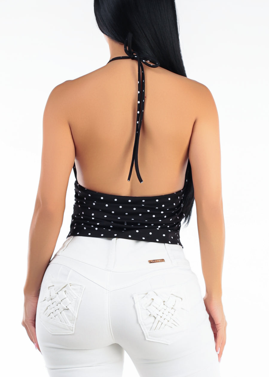 Black Halter Polka Dot Stretch Crop Top