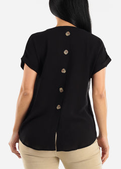 Gauze Cap Sleeve Black Shirt w Back Buttons