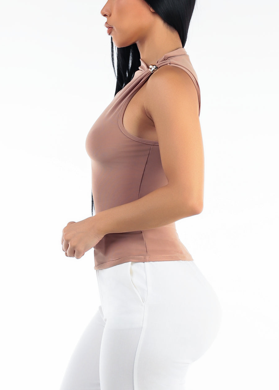 Sleeveless Asymmetrical Neckline Stretch Blouse Beige