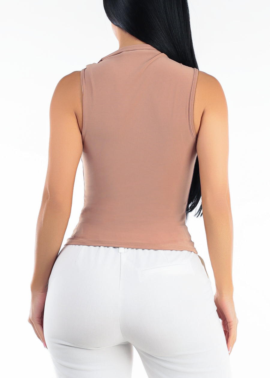 Sleeveless Asymmetrical Neckline Stretch Blouse Beige
