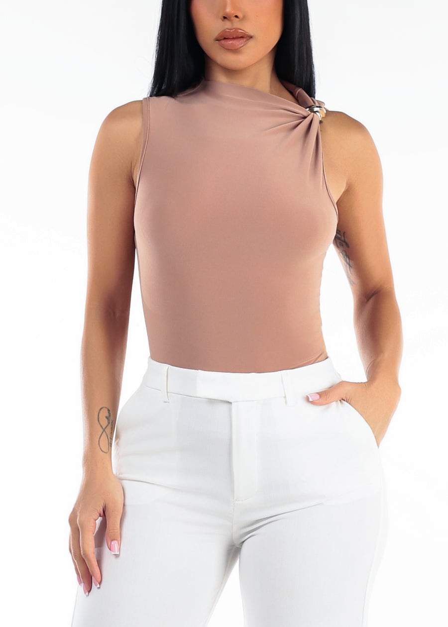 Sleeveless Asymmetrical Neckline Stretch Blouse Beige