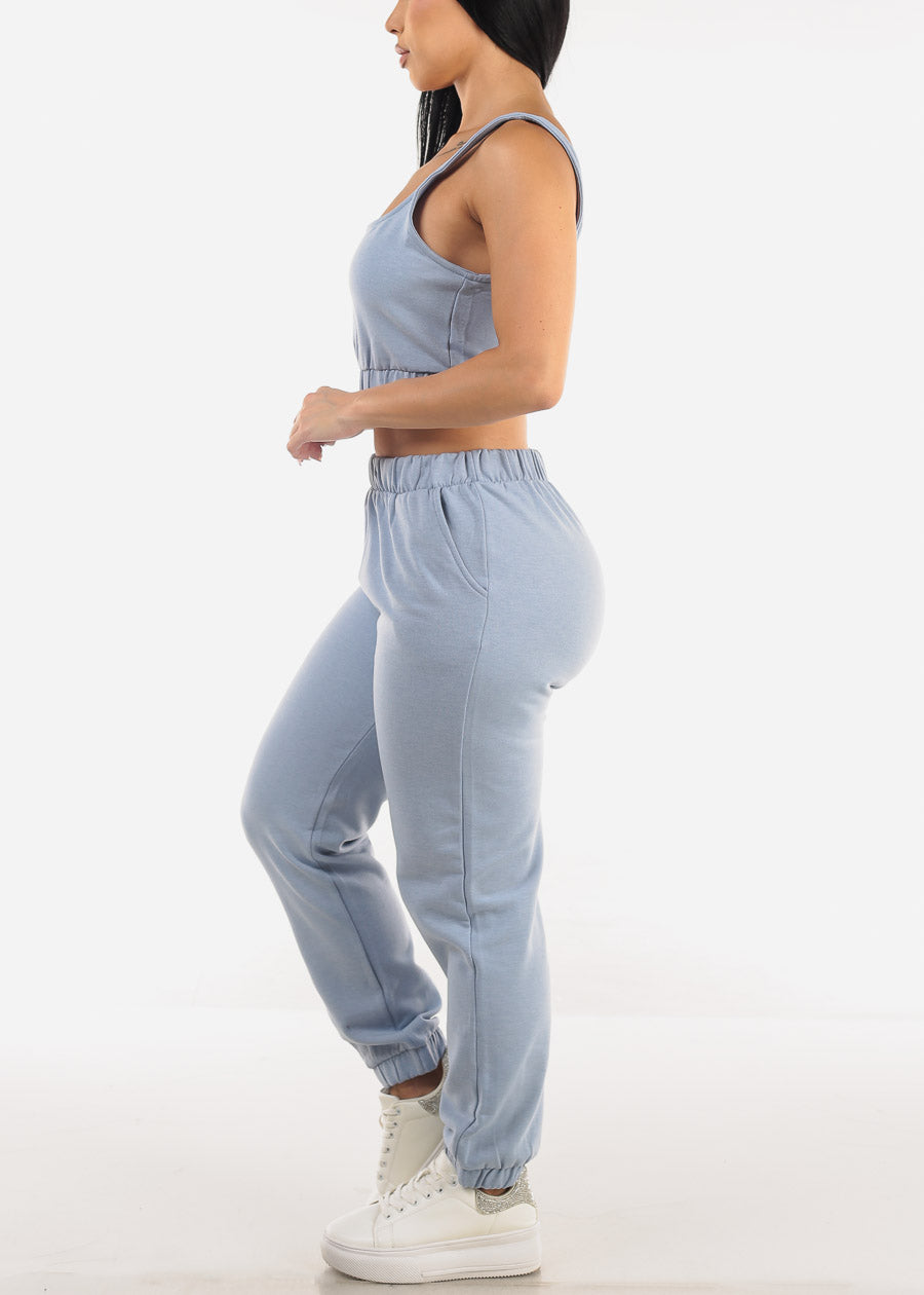 Sleeveless Fleece Crop Top & Jogger Pants Dusty Blue (2 PCE SET)