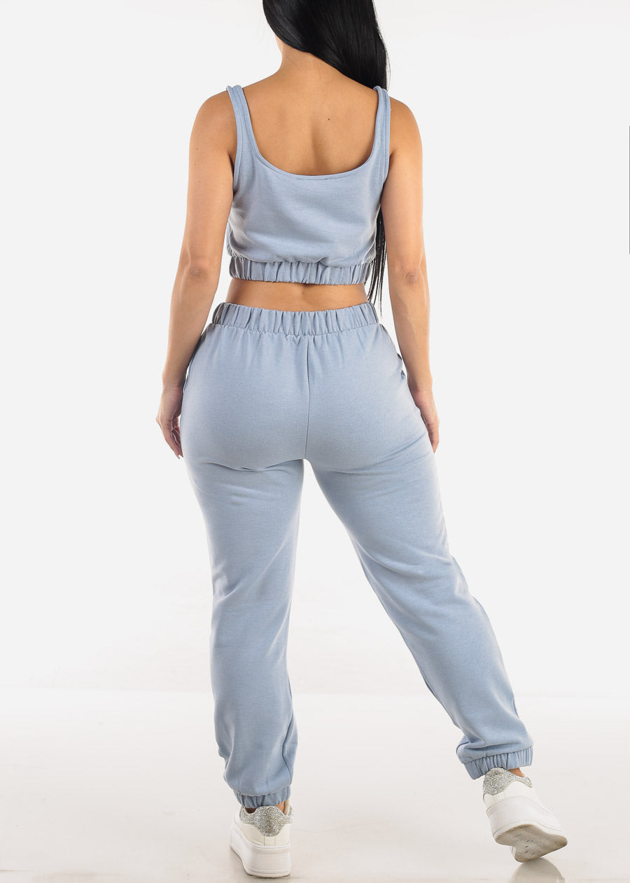 Sleeveless Fleece Crop Top & Jogger Pants Dusty Blue (2 PCE SET)