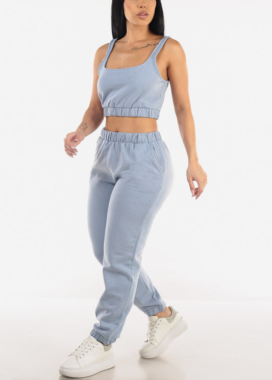 Sleeveless Fleece Crop Top & Jogger Pants Dusty Blue (2 PCE SET)