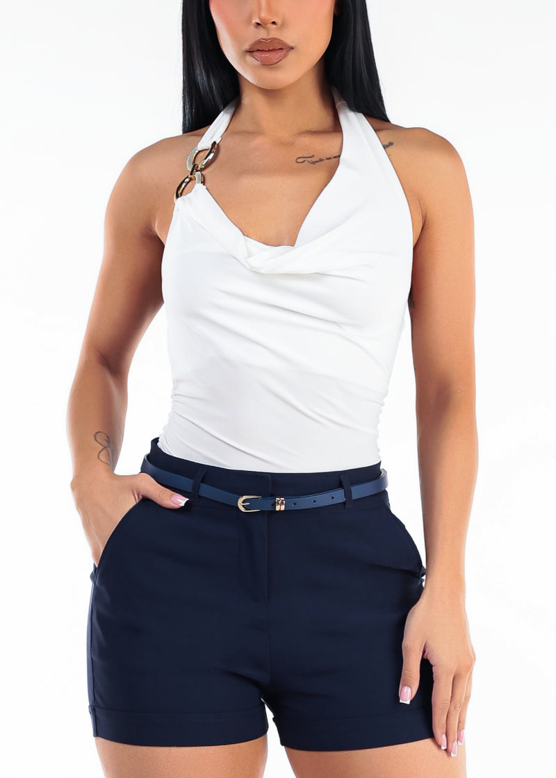 Halter Cowl Neck Stretch Blouse White