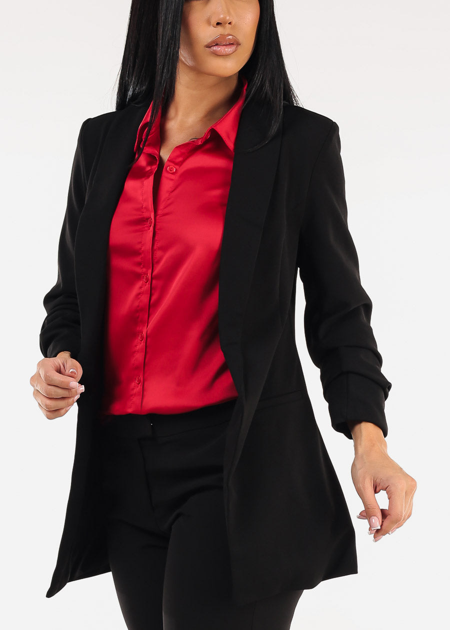 Quarter Sleeve Open Front Black Blazer