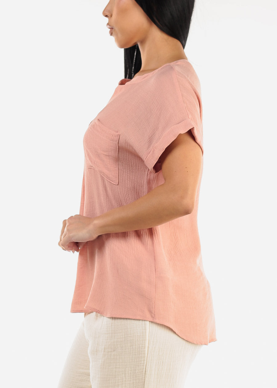 Gauze Cap Sleeve Shirt Rose w Back Buttons