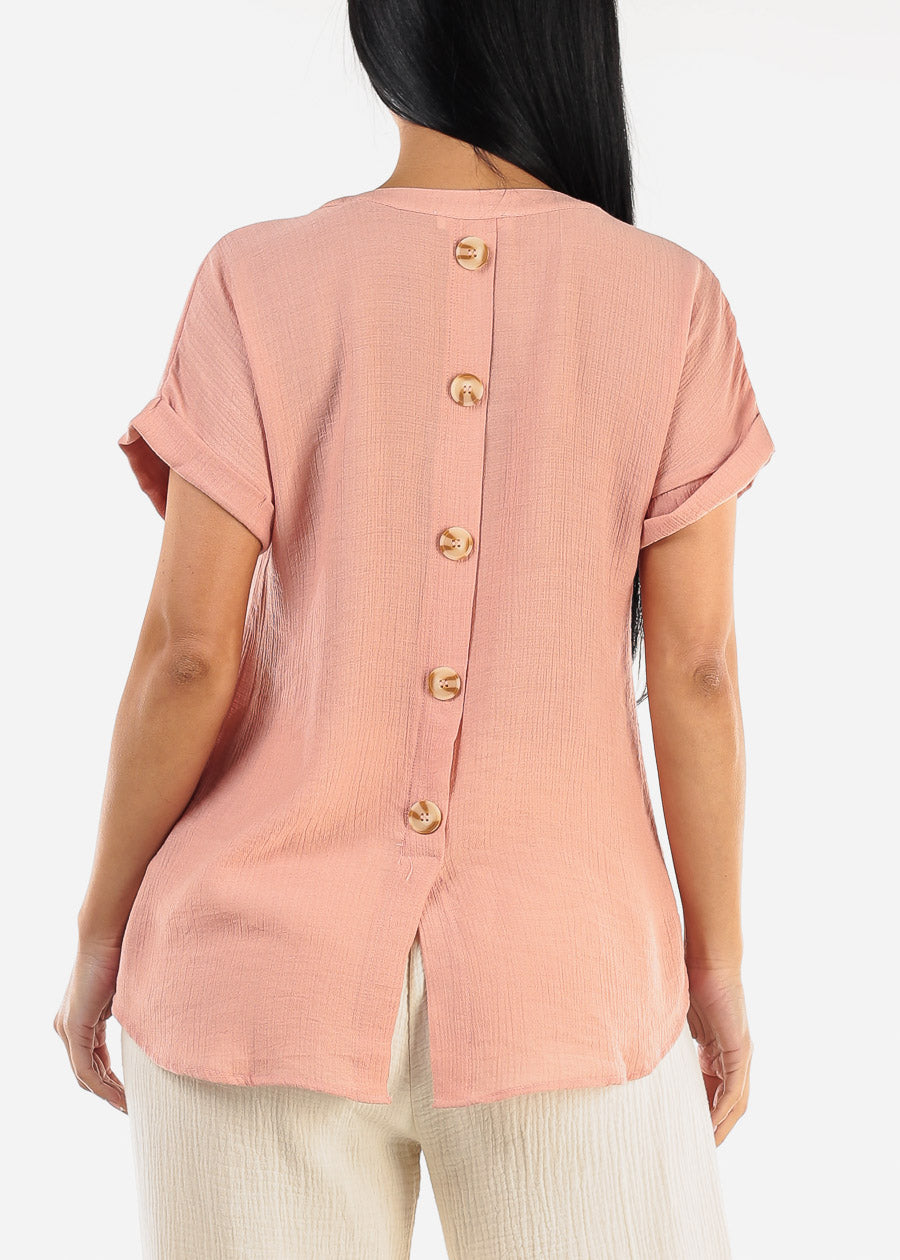 Gauze Cap Sleeve Shirt Rose w Back Buttons